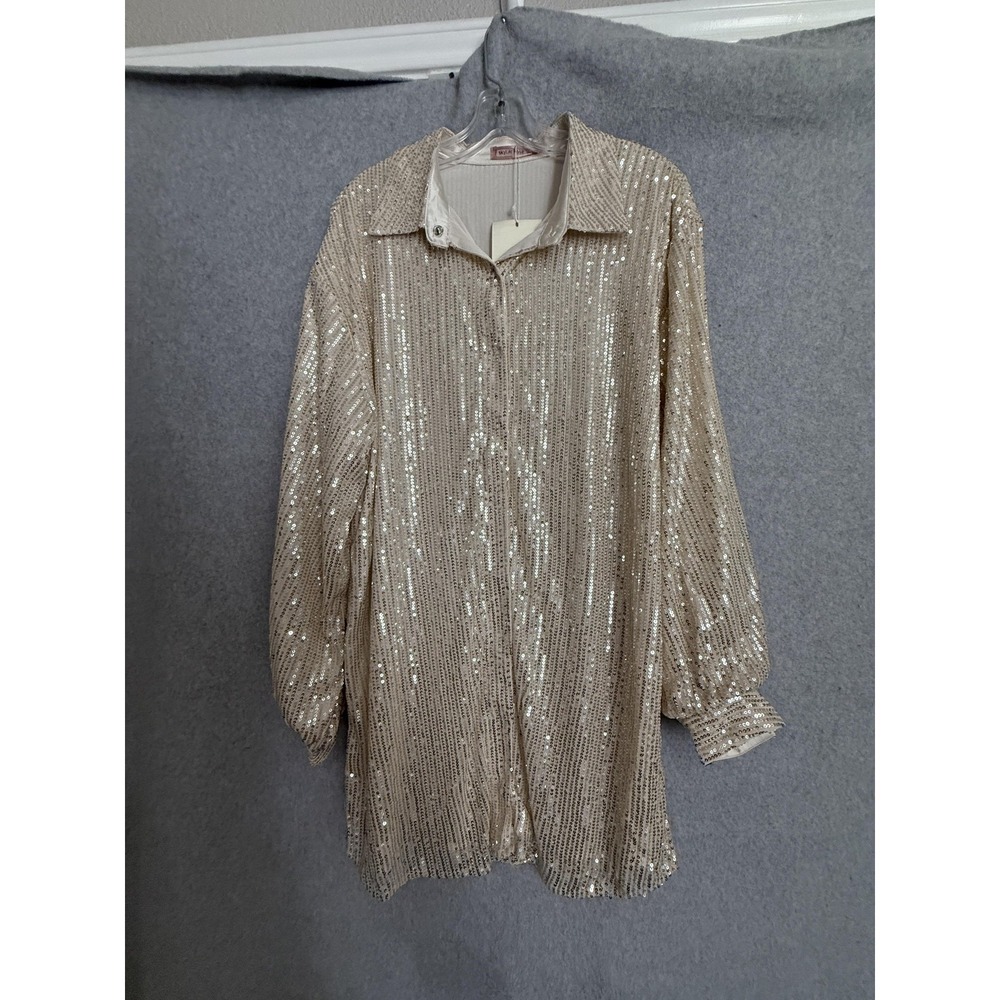 SkyLar Rose Blouse Womens L Goldโ Sequin Button Up Tunic Top Balloon Sleeve